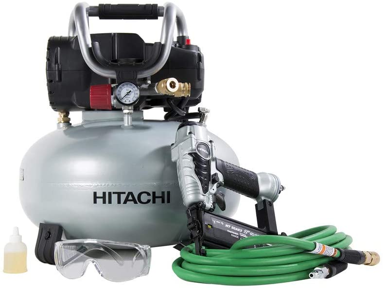 Hitachi KNT50AB Brad Nailer and Compressor Combo Kit, 6 Gallon Pancake Air Tank, 5/8
